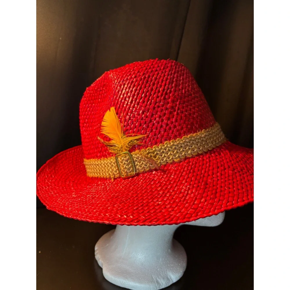 Vintage Red Woven Straw Fedora Hat with Yellow Feather and Buckle Detail